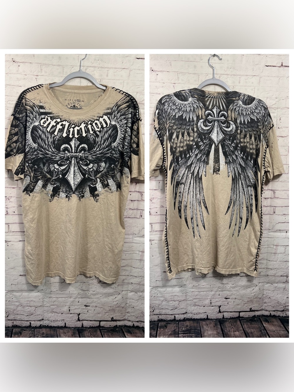 Affliction Birds of Prey T Shirt Men 2XL NWT Sand Wash Double Eagle Wings Cross